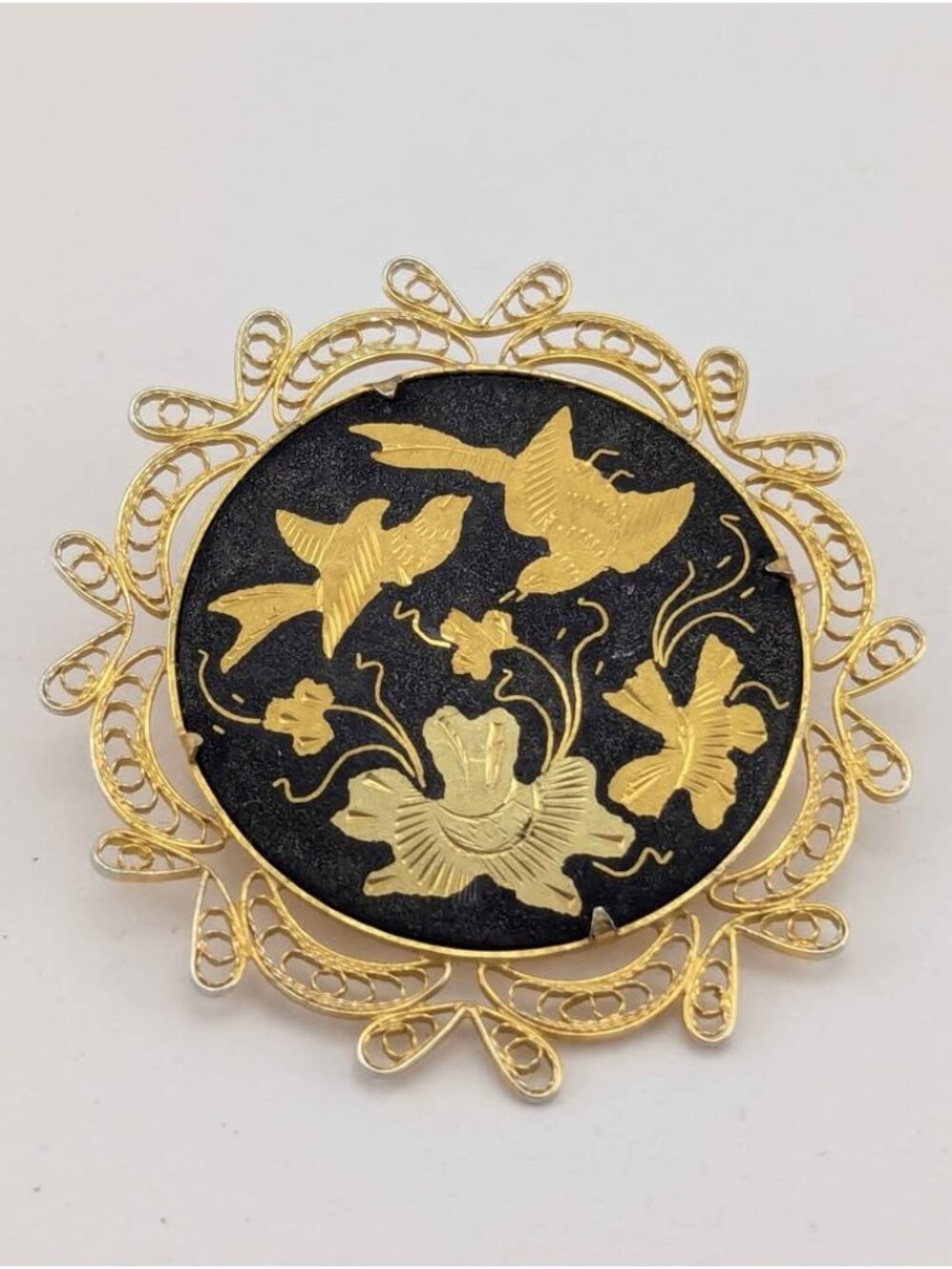 Vintage Spanish Damascene Bird Brooch Toledo Pin